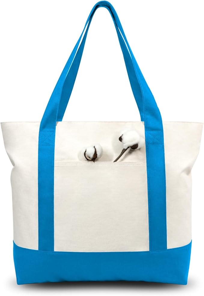 TOPDesign 6-Pack Canvas Tote Bags with an External Pocket, Reusable Grocery Shopping Bags, Top Zipper Closure, Daily Essentials (Ocean Blue/Natural)