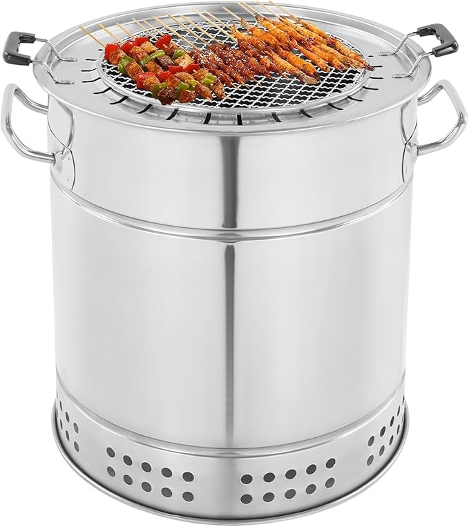 Barbecue Charcoal Barrel Grill, 28 Skewers Portable Stainless Charcoal BBQ Grill Barrel 360° Smokeless Outdoor Barbecues, Surround Charcoals Kebab Grills for Camping, Picnics, Party