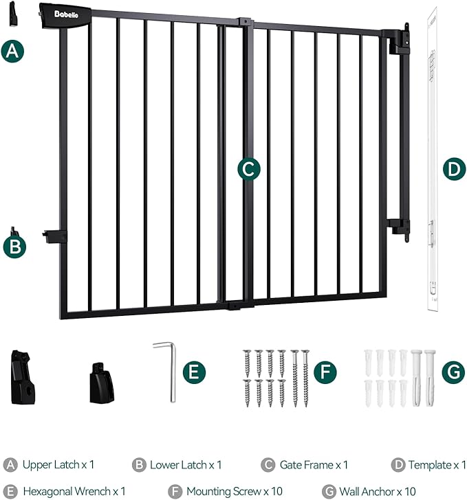 Babelio 29.7-46.5" No Bottom Bar Baby/Dog Gate for Stairs, House and Doorways, Auto Close Safety Pet Gates with Large Walk Thru Door, Hardware Mount, Black