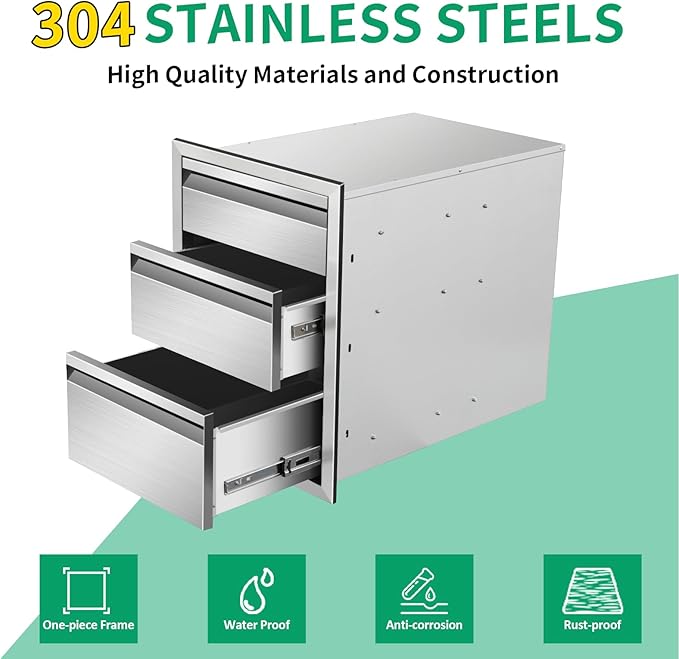 Outdoor Kitchen Drawers 16" W x 21" H x 23" D Stainless Steel Triple Drawers with Hidden Handle for BBQ Island, Patio Grill Station & Outdoor Kitchen Cabinets