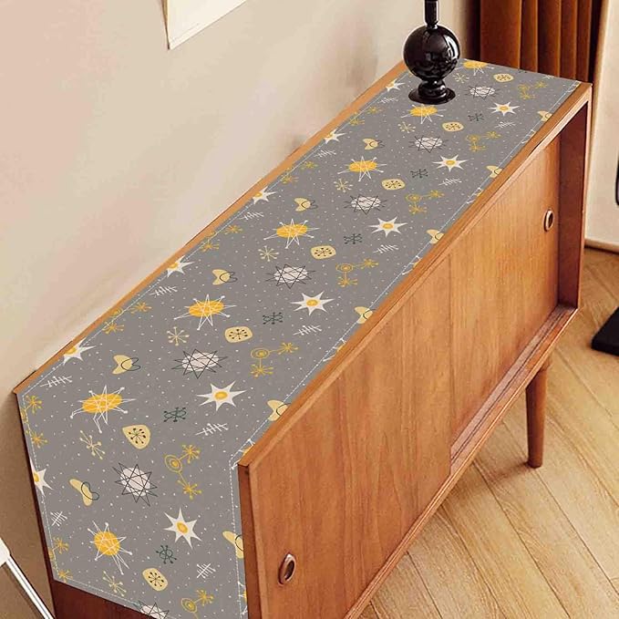 Mid Century Modern Table Runner, Retro 1950s 1960s Atomic Abstract Gray Cute Coffee Table Center Decor for Home Kitchen Dining Patio Holiday Party Indoor Outdoor Table Decorations, 13"x90" Inch