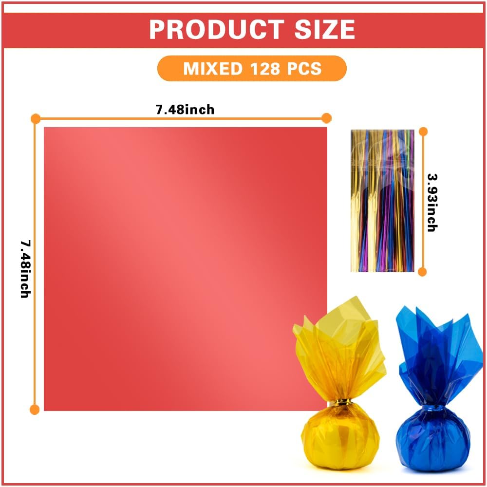 128 PCS Colored Cellophane Wrap Paper(7.48x7.48 Inch) Treat Candy Small Gifts Wrapping Baskets Colorful Plastic Sheets for Crafts Transparent Clear Clings Birthday Baby Shower Holiday Party Decor