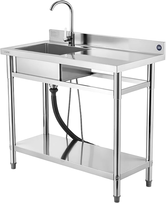VEVOR Stainless Steel Utility Sink, Free Standing Single Bowl Commercial Kitchen Sink with Faucet, 39.4 x 19.7 x 37 in, Utility Right Basin with Hot & Cold Water Pipe for Garage, Restaurant, Laundry