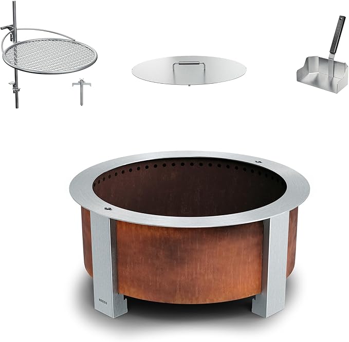 Breeo Smokeless Fire Pit Grilling Bundle (X Series 24 Corten Steel, Outpost Grill, Ash Shovel, & Lid) | 27.5 inch Smokeless Firepit for Outside | Ideal for Families, Gifts for Dad