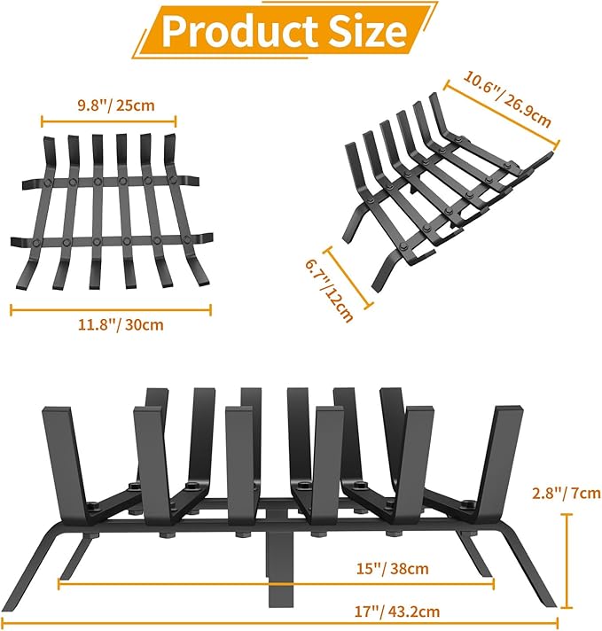 Fireplace Grate, 17 inch Solid Fireplace Log Holder, Heavy Duty Cast Iron Firewood Log Burning Rack Fire Grates for Inside Fireplace Accessories