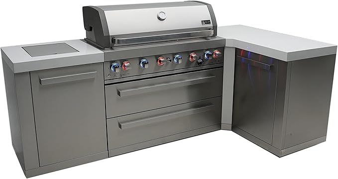 Mont Alpi MAi805-90 44-inch 6-Burner 115000 BTU 90 Degree Corner Stainless Steel Gas Outdoor Kitchen Bar Barbecue Island Grill + Infrared Side & Rear Burners + Granite Countertops + Storage Drawers