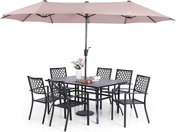 Sophia & William Patio Dining Set with 13ft Double-Sided Patio Umbrella, 8 Piece Metal Outdoor Table Furniture Set with 6 Stackable Chairs, 1 Rectangle Dining Table and 1 Large Beige Umbrella