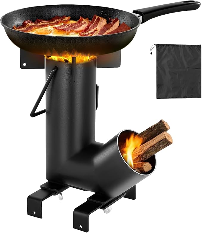 VEVOR Camping Rocket Stove, Wood Burning Portable Rocket Stove with Carrying Bag for Backpacking, Carbon Steel, Burn Wood, Twigs or Sticks for Outdoor Cooking, Backyard, Camp Cooking, Heating, Black