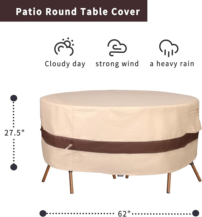 Round Patio Furniture Cover, Heavy Duty and Waterproof for Outdoor Furniture covers, Round outdoor table cover, Patio table cover 62"DIA x 27.5"H Beige