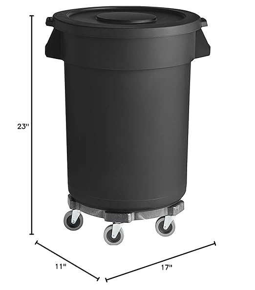 PRO&Family Commercial Round Trash Can with Lid and Dolly Rolling Waste Container, Ingredient Bin, Heavy-Duty Plastic, Anti-Static, Kitchen, Office, Outdoor Use (Black, 44 Gallon)