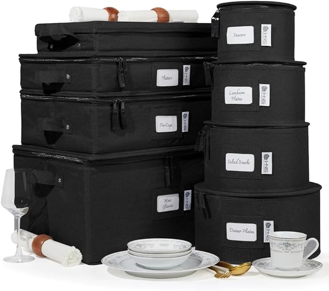 China Storage Hard Shell Containers 8-Piece Set Moving Boxes for Dinnerware, Glasses, Plates, Mugs and Saucers Sturdy Dish Organizer with Dividers for Seasonal Storage - Service for 12 - Black