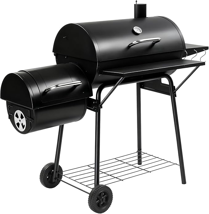 Outvita Charcoal Grill with Offset Smoker, Barrel Barbecue Smoker Grill with Spacious Cooking Area for BBQ, Backyard Patio Picnic Parties Camping, Black