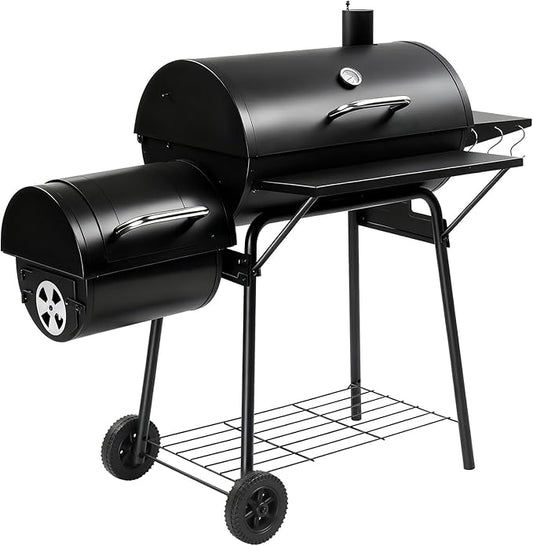 Outvita Charcoal Grill with Offset Smoker, Barrel Barbecue Smoker Grill with Spacious Cooking Area for BBQ, Backyard Patio Picnic Parties Camping, Black