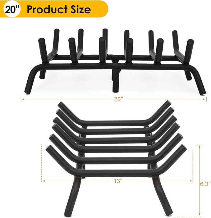 STBoo Fireplace Grate 20inch - Wood Stove Fire Grates Heavy Duty | Fireplace Log Holder | Firewood Log Burning Wrought Cast Iron Rack | Fire Pit Tray for Indoor Chimney Hearth & Outdoor Kindling Tool