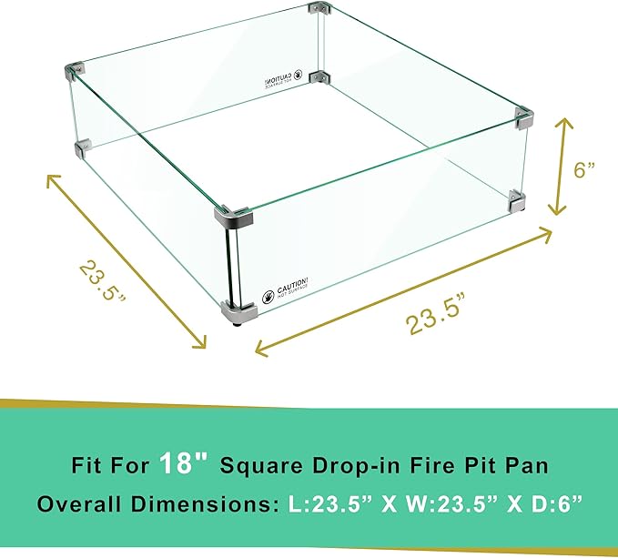 Holy Fire 23.5" L x 23.5" x 6" Square Fire Pit Glass Wind Guard Clear Tempered Glass Flame Protective Pane Wind Resistant - Fits 18” Square Fire Pit Burner Pan