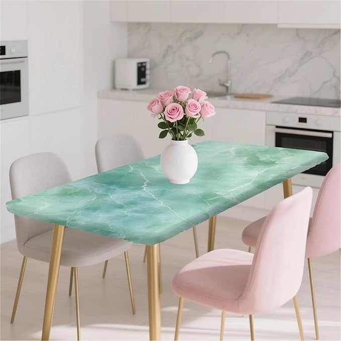 Rectangle Table Cloth Cover Waterproof Elastic Fitted Polyester Fitted Tablecloths for 6 Foot Tables for Indoor,Picnic, Camping, Outdoor （60" x 30"，Green Marble）