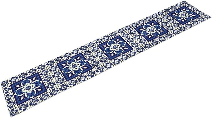 Mexican Table Runner, Blue Floral Birds Mexico Talavera Tiles Ceramic Dia De Los Muertos Coffee Table Center Decor for Family Kitchen and Dining Farmhouse Indoor Outdoor Table Decorations, 13"x36"