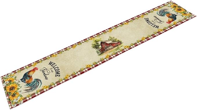 Rooster Table Runner, Farmhouse Red Plaid Sunflower Floral Chicken Farm Cow Pig Rustic Coffee Table Center Decor for Family Kitchen and Dining Room Outdoor Country Party Table Decorations, 13"x108"