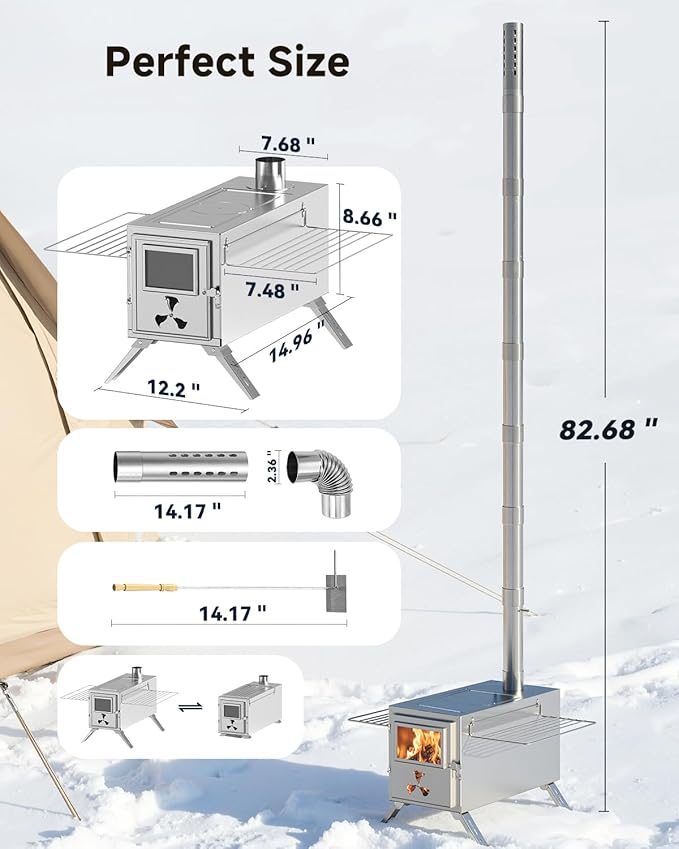 Hot Tent Wood Stove, Portable Wood Burning Stove with 7 Stainless Chimney Pipes, Camping Wood Stove for Outdoor Heating, Cooking, Ice Fishing, Hunting