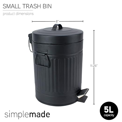 SIMPLEMADE Round Step Trash Can, Stainless Steel with Lid, Small Metal Wastebasket/Garbage Can for Bathroom, Office, Black, 5 Liter / 1.3 Gallon -