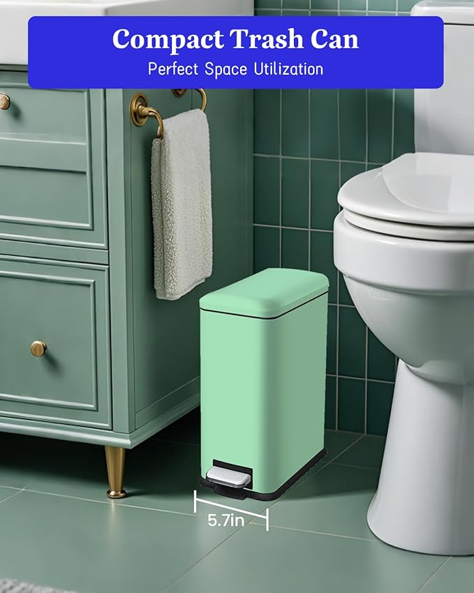 Bathroom Trash Can, 1.3 Gallon Small Trash Can with lid, Stainless Steel Garbage Can Soft Close Lid, Removable Liner Bucket, Step Pedal Waste Bin for Bathroom, Office, RV, Bedroom, Green