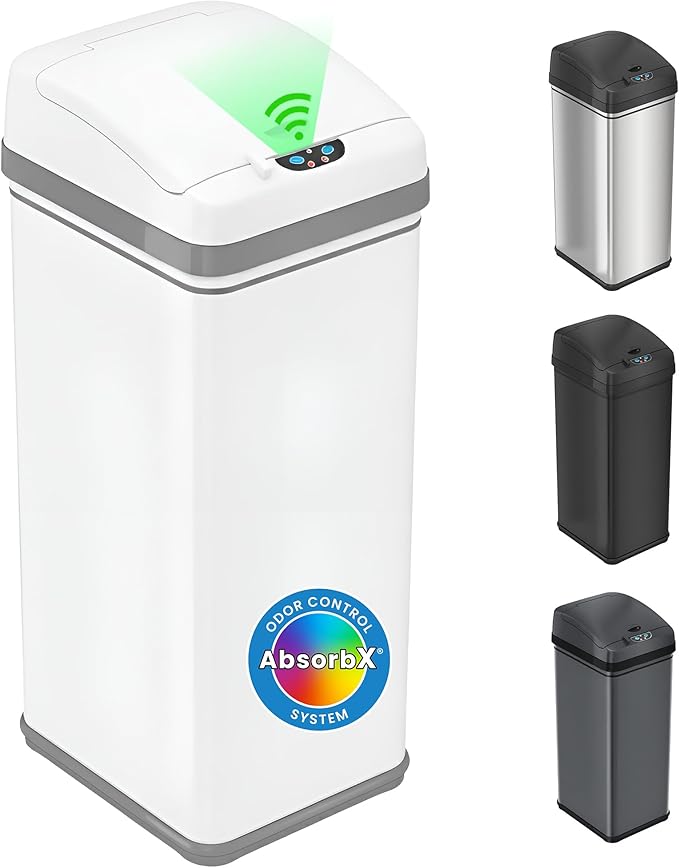 iTouchless 50 Liter / 13 Gallon Kitchen Trash Can with Lid & AbsorbX Odor Filter – Motion Sensor Chalk White Stainless Steel Garbage Bin for Home, Office, or Garage – Slim, Large Capacity Design