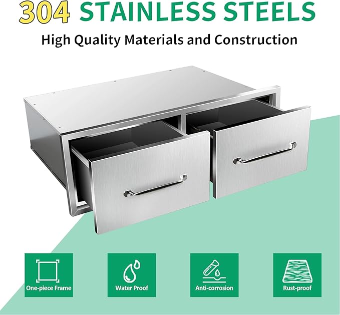Outdoor Kitchen Drawers 30" W x 10" H x 20" D Stainless Steel Single Drawers with Ergonomic Handle for BBQ Island, Patio Grill Station & Outdoor Kitchen Cabinets