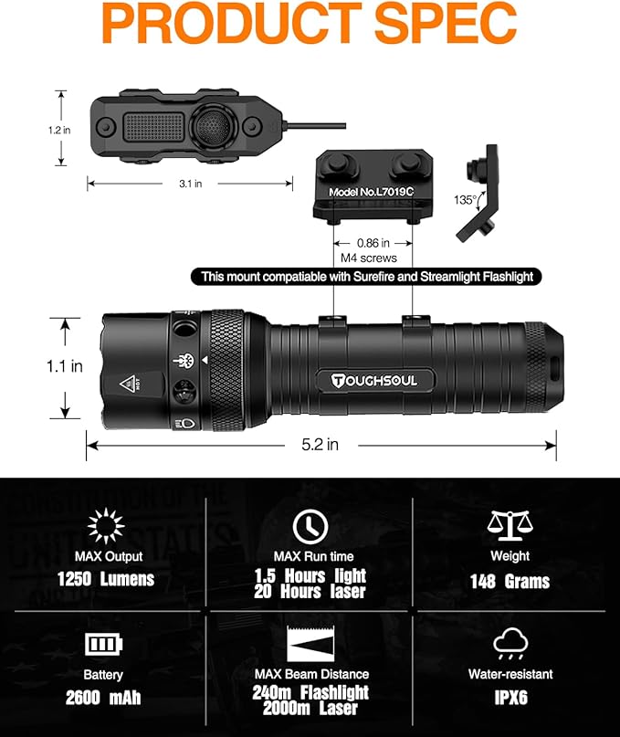 TOUGHSOUL M-Rail Green Laser Tactical Flashlight 1250 Lumens, Rechargeable Flashlight with Remote Pressure Switch LED Light with Rechargeable Batteries and Charger Included (M-Rail-Light+Laser)