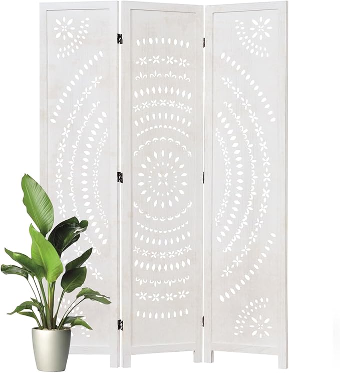 66.9Inch Folding Room Divider, 3 Panels Wood Carved Privacy Screens, Free Assembled Freestanding Partition for Home Office Restaurant Bedroom (White-Washed)