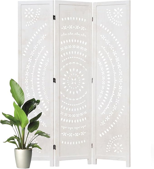 66.9Inch Folding Room Divider, 3 Panels Wood Carved Privacy Screens, Free Assembled Freestanding Partition for Home Office Restaurant Bedroom (White-Washed)