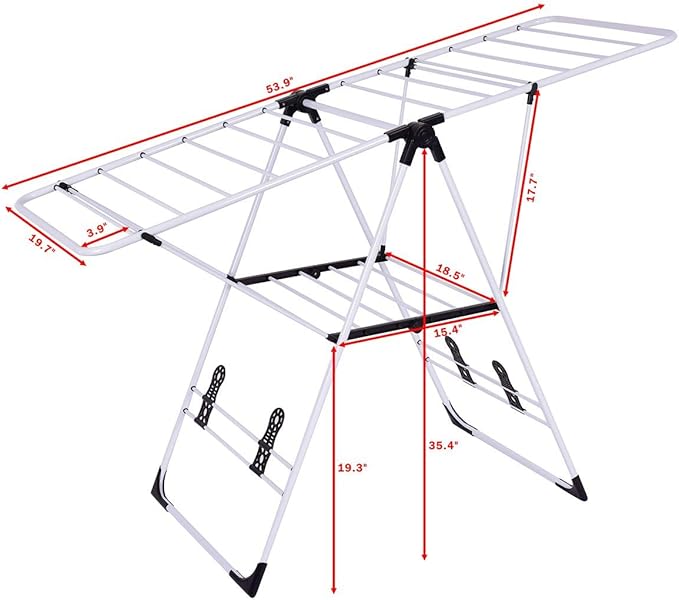 GOFLAME Steel Clothes Drying Rack with Adjustable Wings, Foldable Gullwing Collapsible Laundry Drying Rack with Shoe Holder and Shelves, Space Saving Drying Rack for Underwear, Socks, Pants