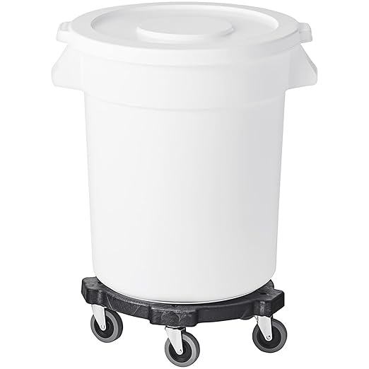 PRO&Family Commercial Round Trash Can with Lid and Dolly Rolling Waste Container, Ingredient Bin, Heavy-Duty Plastic, Anti-Static, Kitchen, Office, Outdoor Use (White, 20 Gallon)