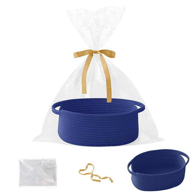 Gift Basket with Gift Bag and Ribbons,Small Rope Woven Shelf Storage,Baskets for Gifts Empty,Birthday,Baby Shower,Decorative Organizer Box with Handles(Royal Blue)