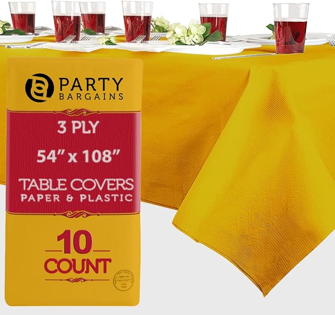 PARTY BARGAINS 10 Disposable Table Covers - 54" X 108" Yellow Table Cover, 3 Ply Paper & Plastic Tablecloth