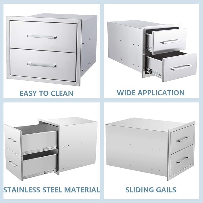 18" W x 15" H x 23" D Stainless Steel Outdoor Kitchen Drawers BBQ Drawers Double Access Flush Mount for Outdoor Kitchens Or BBQ Island