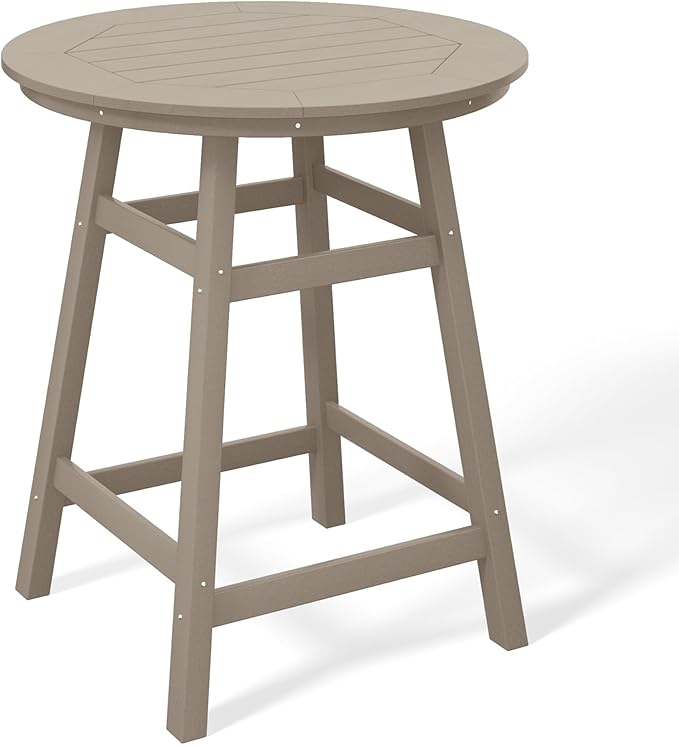 Costaelm Patio Bistro Table, 37" Counter Height Round Patio Cocktail Bar Table with Umbrella Hole, Outdoor Bistro Dining Pub Table for Front Porch Deck Backyard Garden, Weathered Wood