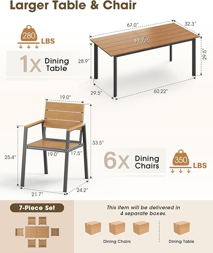 Patio Outdoor Dining Set for 6, Aluminum 7 Piece HDPS Outdoor Table and Chairs Set with Umbrella Hole, Modren Rectangular Patio Furniture Set with All-weather Table and 6 Chairs (Gray & Teak)