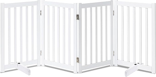 LZRS Freestanding Extra Wide Dog Gate 30 inch Tall - 4 Panels Solid Wooden Pet Gate for Doorways, Stairs, Hallways,Kitchens& Long Areas, Expandable & Foldable with Support Feet,Indoor Use,White