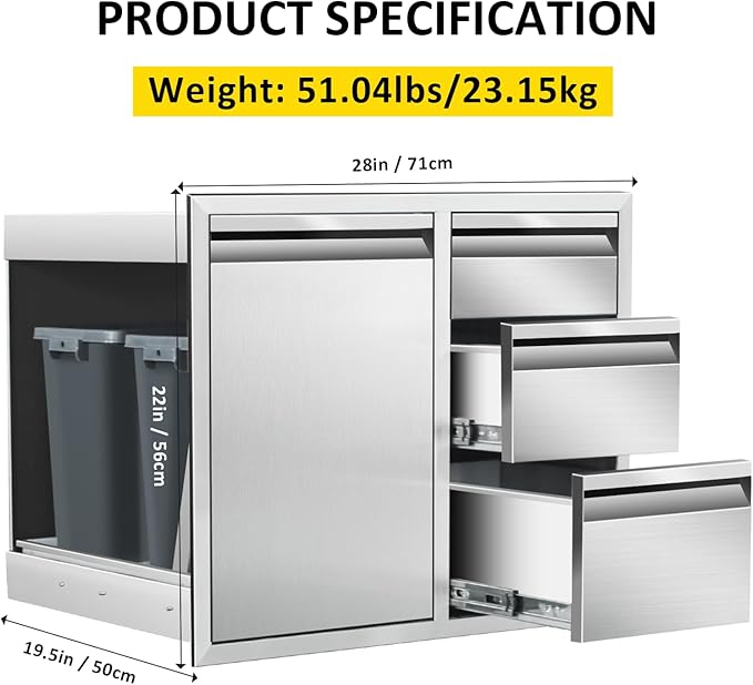Outdoor Kitchen Door Drawer Combo Cabinet 28" W x 22" H x 19.5" D Stainless Steel Built-in Triple Drawers&Left Trash Drawer Combo Cabinet for Outdoor Kitchen Island, Patio Grill Station