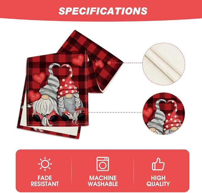 Artoid Mode Red Black Buffalo Plaid Heart Gnomes Love Valentine's Table Runner, Kitchen Dining Table Decoration for Home Party Decor 13x72 Inch