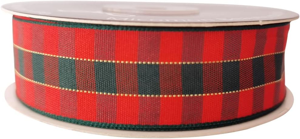 Micomon X'Mas Gingham Ribbon Green Red Metallic Gingham Ribbon 25 Yards Each Roll 100% Polyester (1",RedGreenGold)
