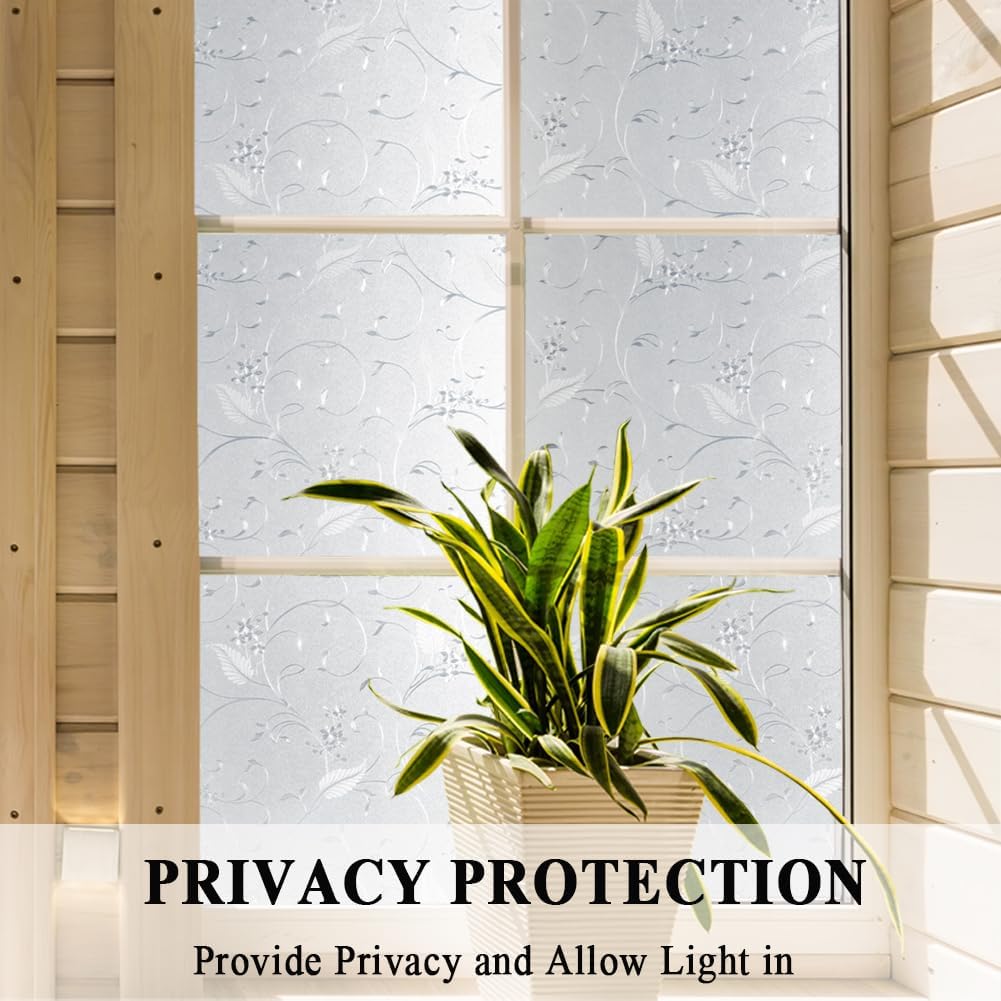 Mikomer Privacy Window Film Etched Flowers Static Cling Glass Door Film, Non Adhesive Heat Control Anti UV Window Cling for Office and Home Decoration,17.5 inches by 78.7 inches