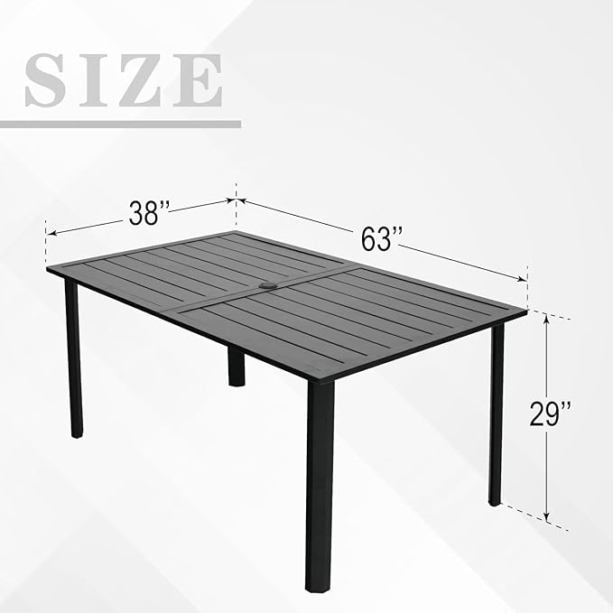 Patio Rectangle Dining Table with Metal Straight Leg and Slat Top for 6 Person, 63"x38"