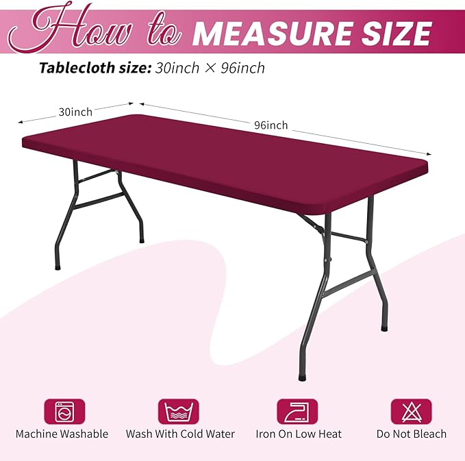 10 Pack Stretch Fabric Table Top Cap Cover, Wine Red Table Covers fits 8Ft Tables, Washable Elastic Universal Rectangle Tablecloth Protector for Indoor Outdoor Party Picnic Wedding (30" W x 96" L)