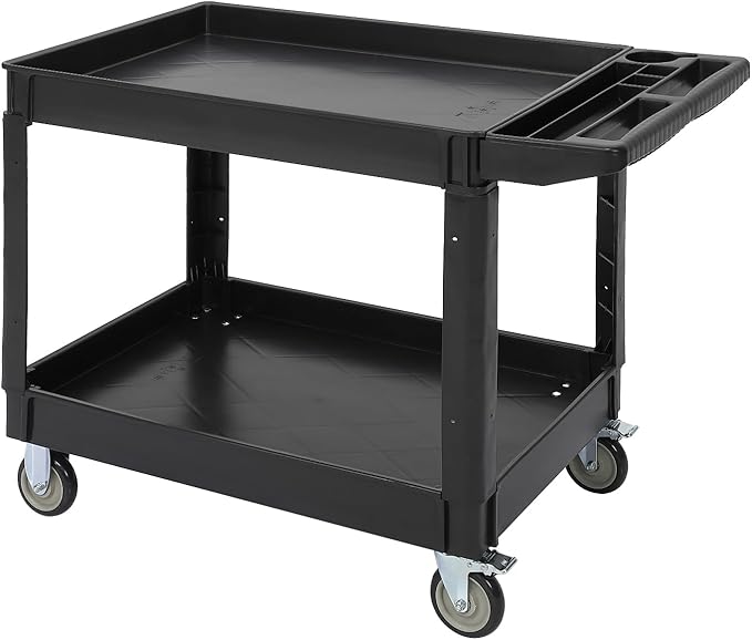 Utility Service Cart with Wheels and Two Trays, Service Cart 2-Shelf 500lbs, Rolling Utility Cart for Warehouse/Garage/Cleaning/Manufacturing, 2 Tier Heavy Duty Uline Tool Cart, 45"X25", Black