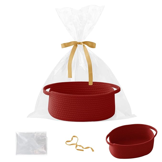 Gift Basket with Gift Bag and Ribbons,Small Rope Woven Shelf Storage,Baskets for Gifts Empty,Birthday,Baby Shower,Decorative Organizer Box with Handles(Red)