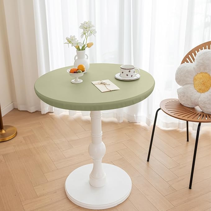 Round Fitted PU Tablecloth with High Elastic Edge 63 Inch Dia Waterproof Oil Proof Table Cloth Anti-Scald Stain-Resistant Wipeable Table Cover for Indoor Outdoor Picnic (Green,63" Dia)