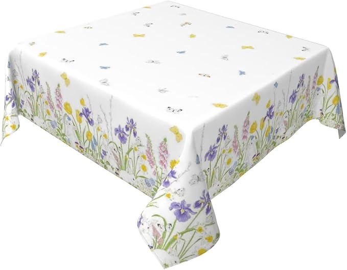 Spring Easter Tablecloth 54 x 54 Inch Square, Bunny Colorful Flower Butterfly Decorative Tablecloths Stain Resistance Polyester Rabbit Floral Table Cloth for Holiday Parties Kitchen Dining