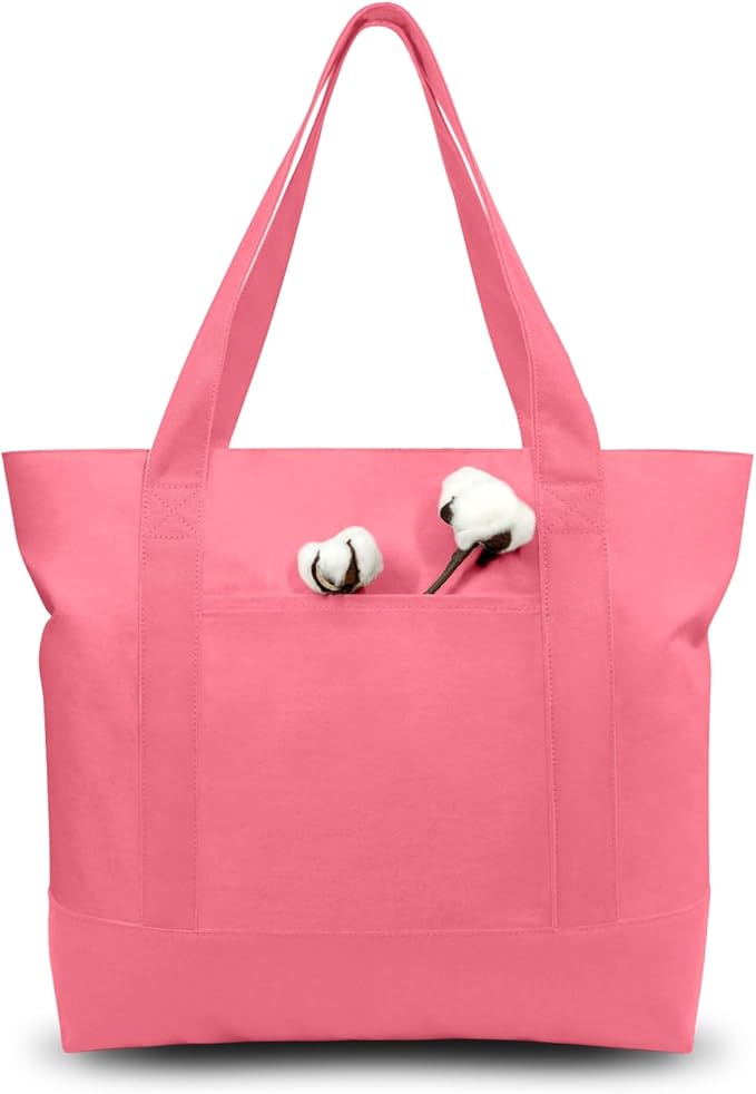 TOPDesign 1-Pack Canvas Tote Bag with an External Pocket, Reusable Grocery Shopping Bag, Top Zipper Closure, Daily Essentials (Rose Pink)