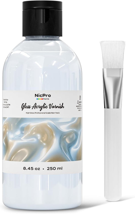 Nicpro Gloss Varnish for Acrylic Painting 8.45oz, Non-Yellowing, Non-Toxic, Anti-Crazing, Clear Acrylic Varnish for Pro Artist, Hobby Painter on Canvas Artwork, Acrylics Paint, Wood, High Gloss Finish